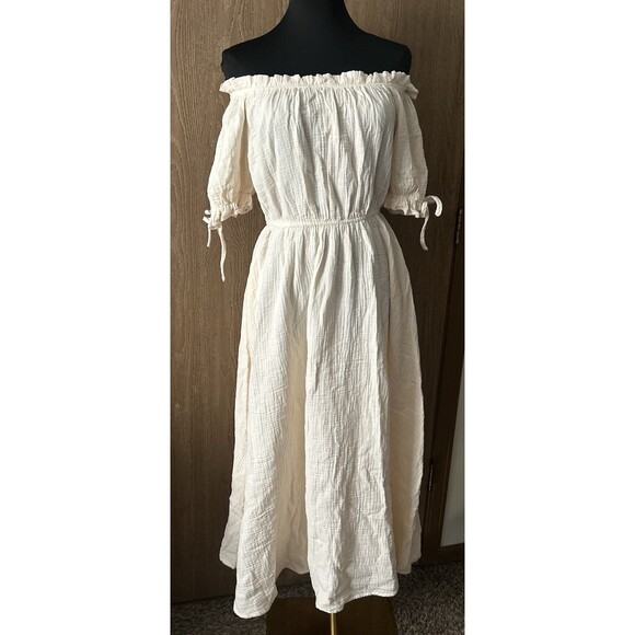 Scarlet Darkness NWT W’s S Seersucker Cotton Apricot Off Shoulder Pocket Dress - Picture 10 of 10